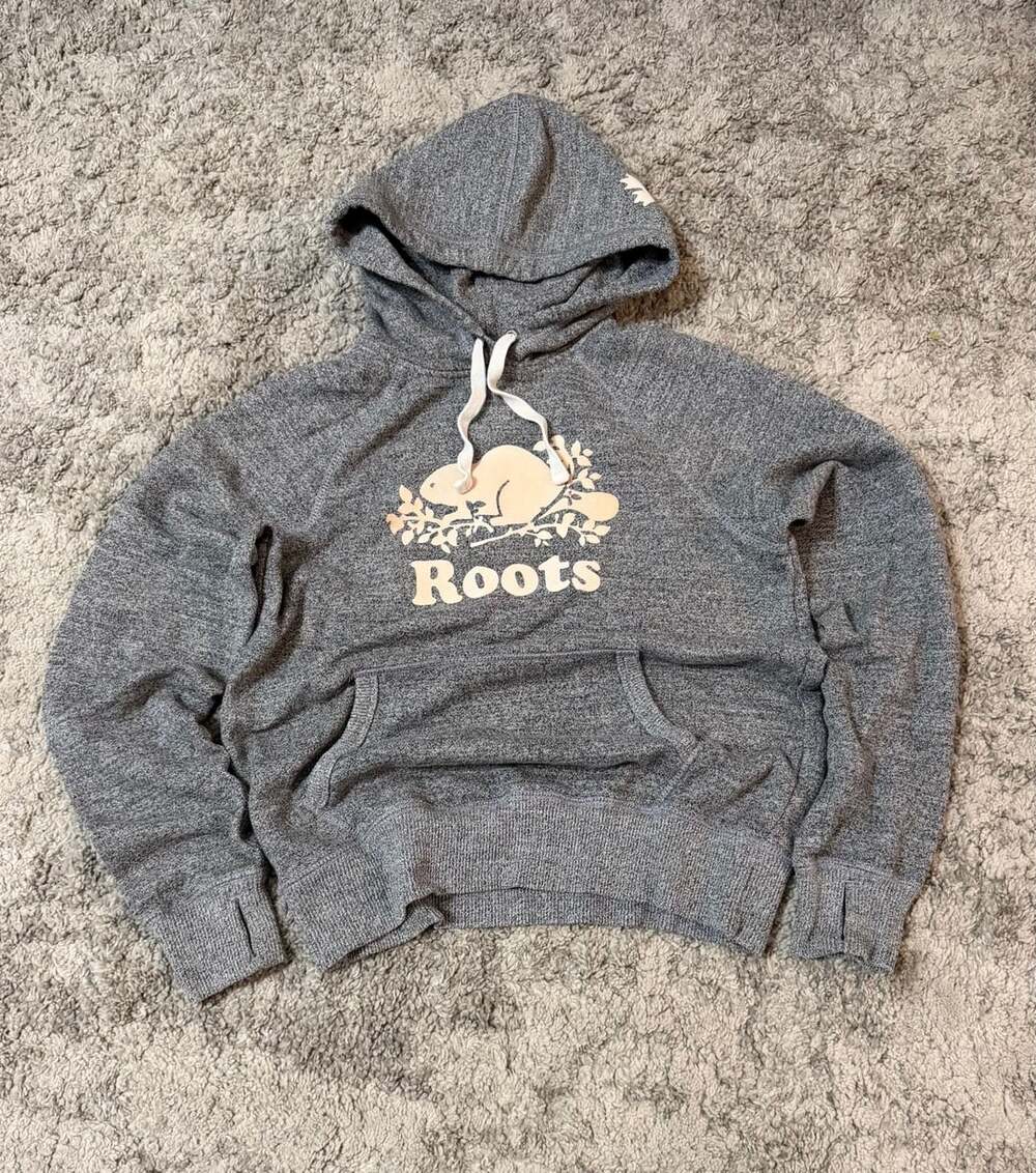 Roots Canada Beaver Logo Pullover Hoodie Gray Men's Small S Cotton Blend